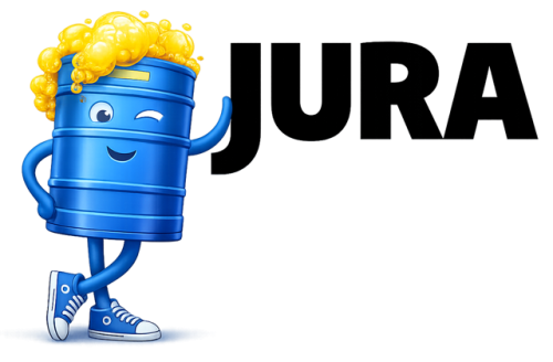 Logo JuraBière avec un fût de bière bleu souriant et mousse dorée, représentant un service de location de bière pression clé en main dans le Jura avec plus de 200 références.